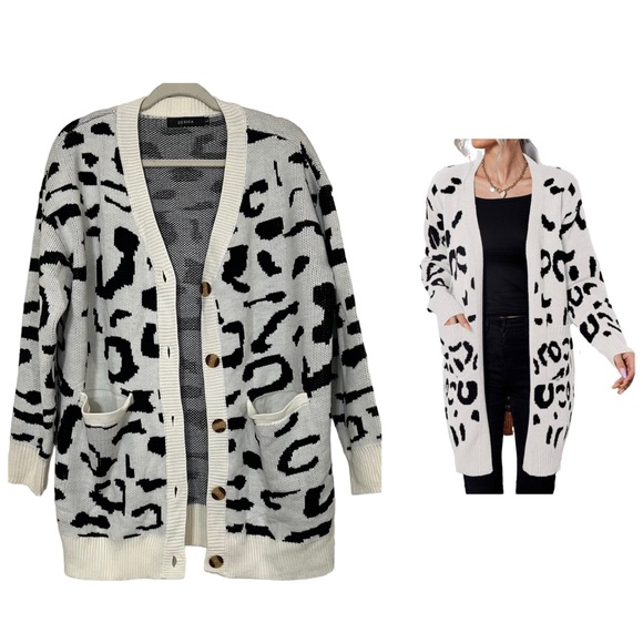 ZESICA Leopard Black N White Print Knitted Cardigan Long sleeves Size L - Picture 12 of 16